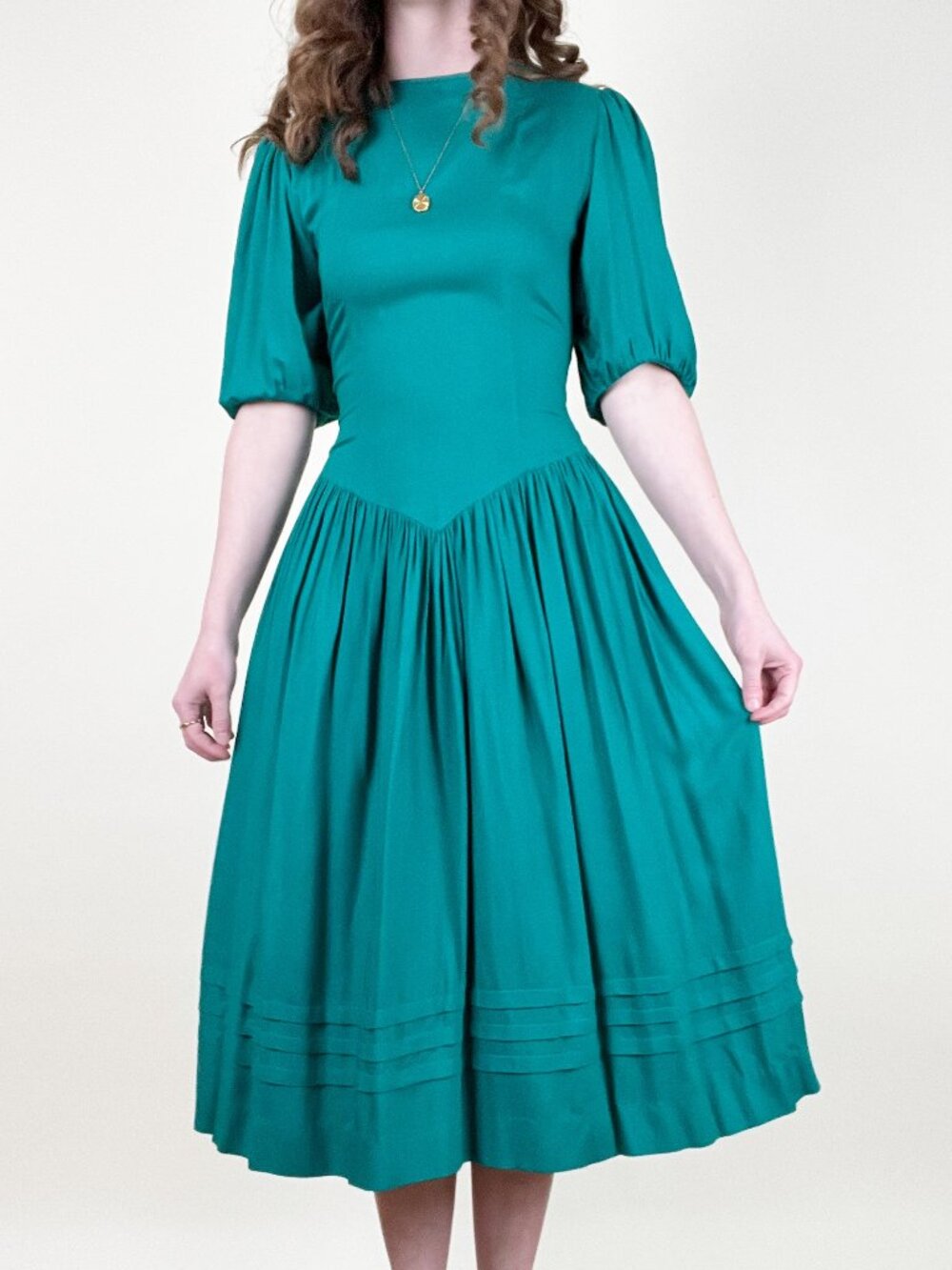 Vintage-Inspired Teal Midi Dress with Puff Sleeves